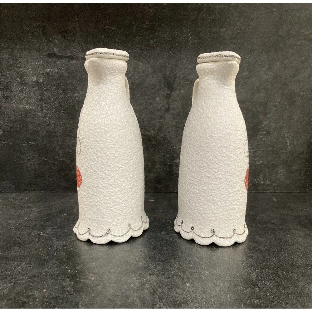 Textured Finish Ceramic Oil & Vinegar Cruet Set Strawberry Motif Vtg White MCM